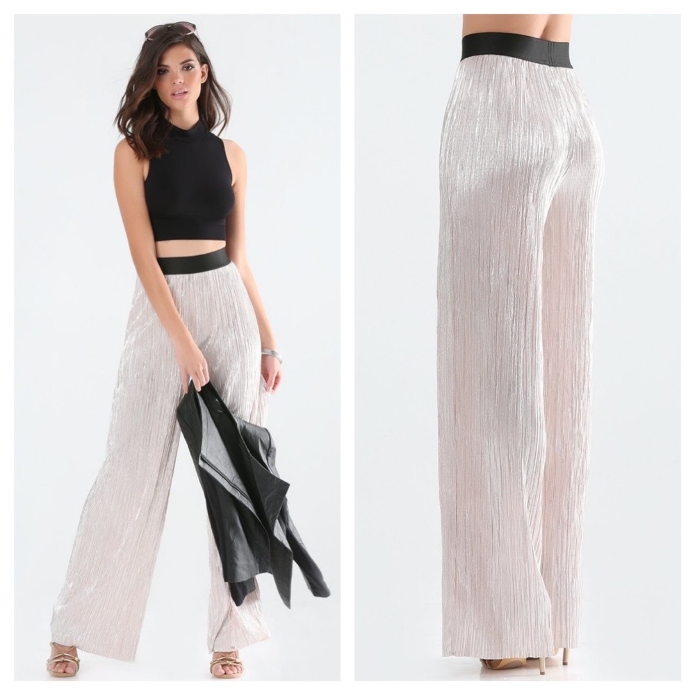 Bebe Foiled Pleat Palazzo Pants Rose Dust Wrinkled